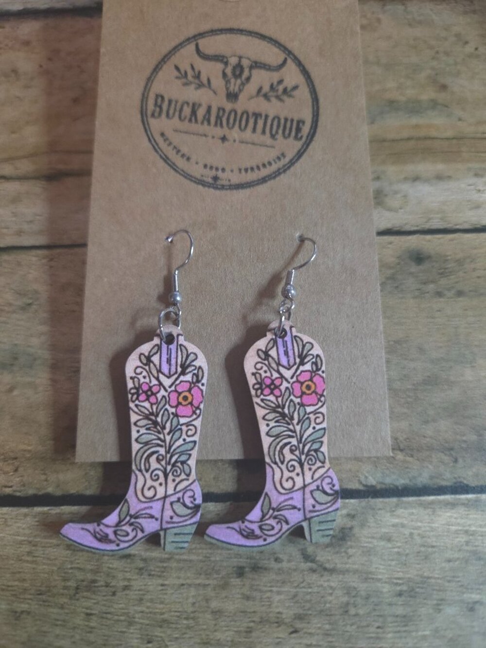 Pink Floral Cowboy Boot Earrings Western Cowgirl Rodeo Dangle Jewelry